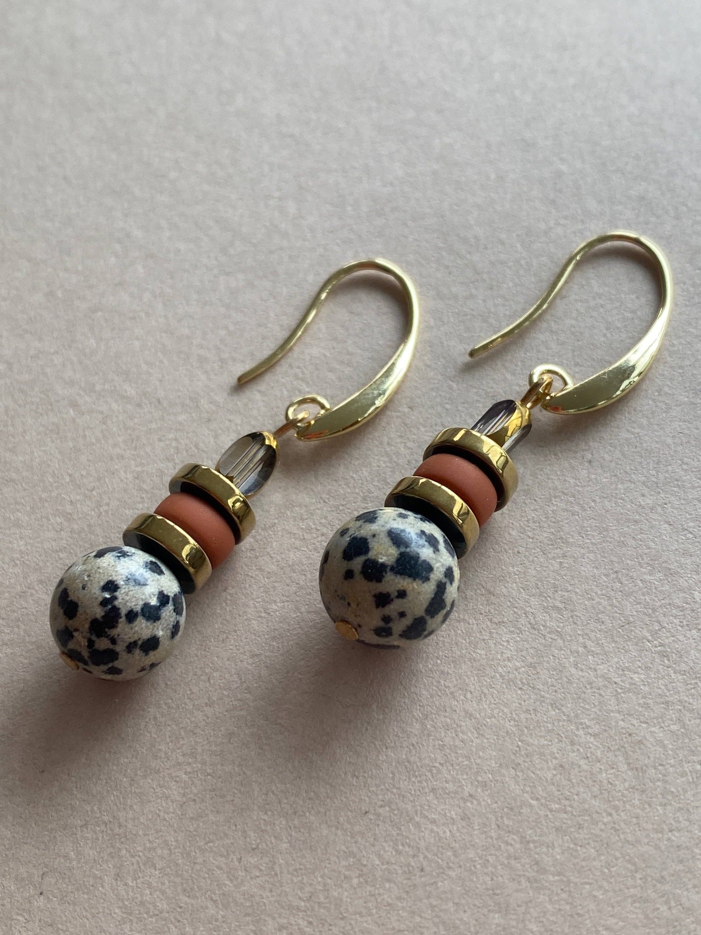 Gist - Dalmatian Jasper & Sandstone barrel Drop Earrings BDLE02