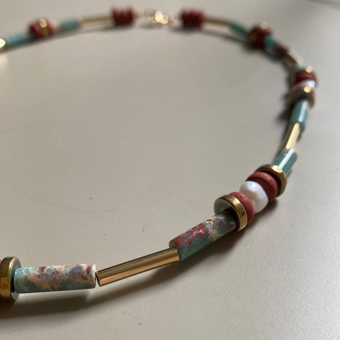 Gist - 18" 24k Gold plated brass details, Synthetic Shoushan Stone, Fresh water Pearls, Clay and Gold Plated Hematite MRL08