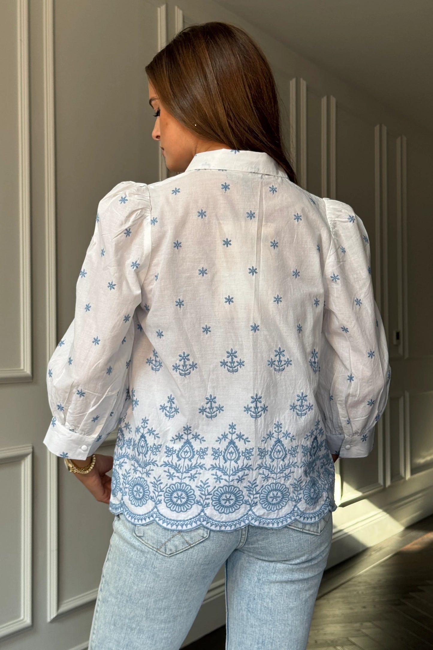 Boo Embroidery Puff Sleeve Cotton Blouse