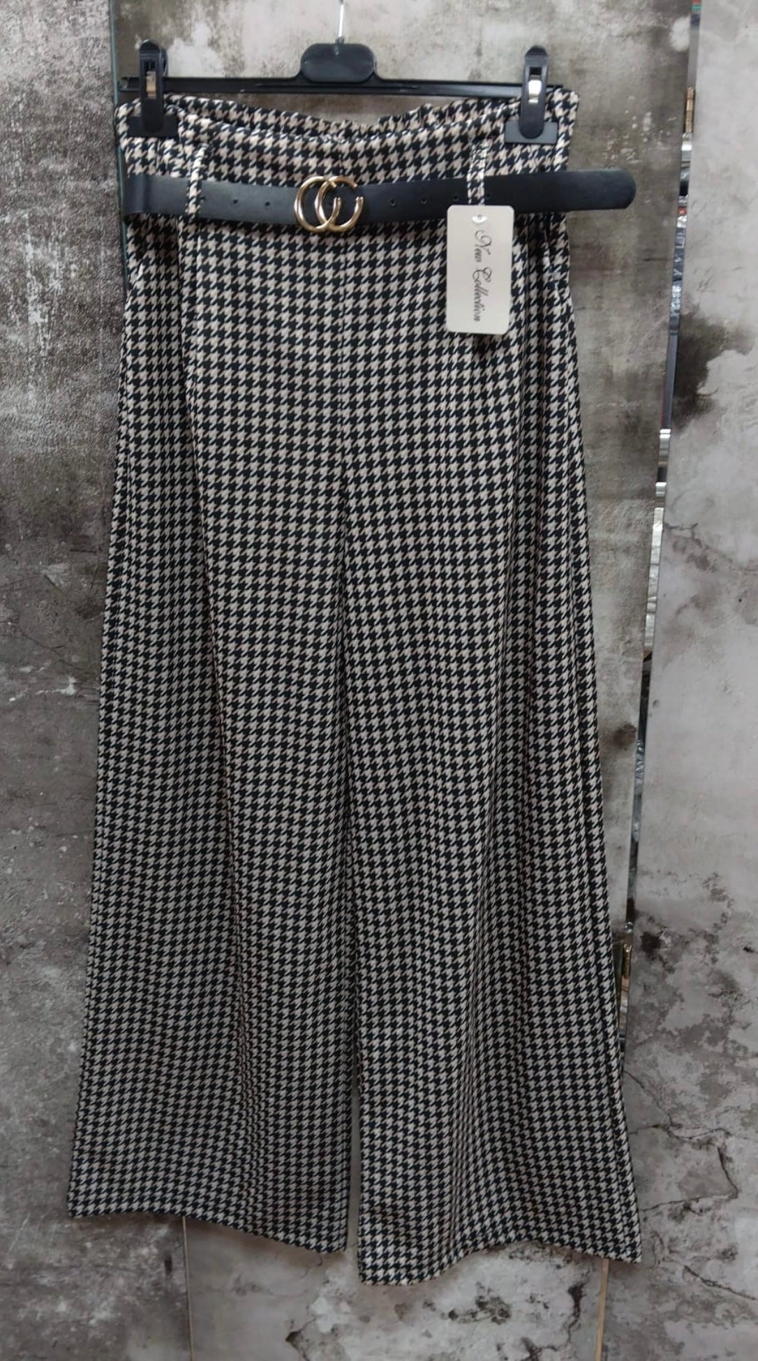 Bree Wide Leg Belted Houndstooth Trousers