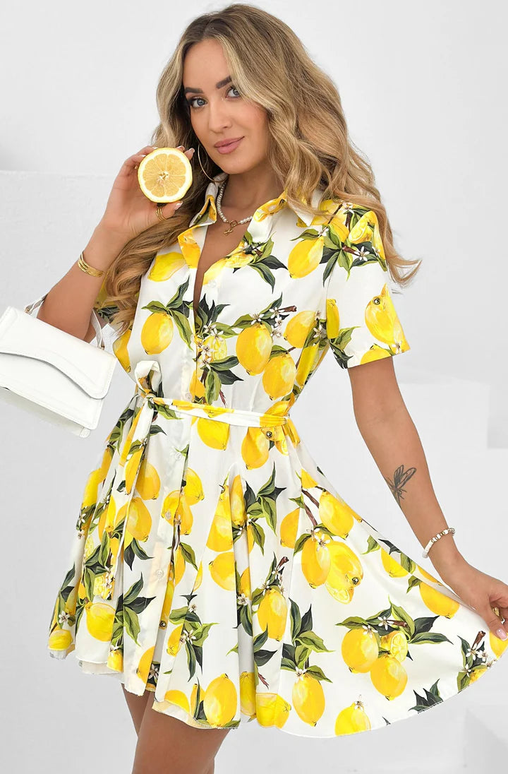 Sicily Lemon Print Belted Dress