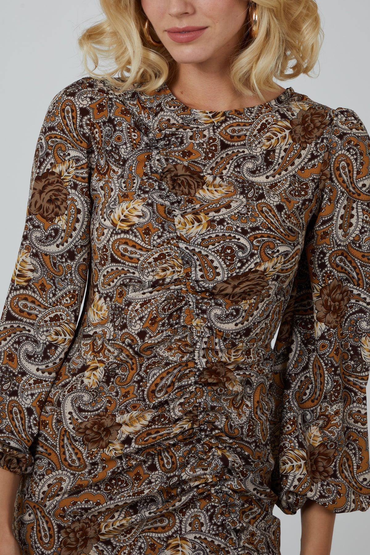 Halley Ruched Paisley Print Midi Dress