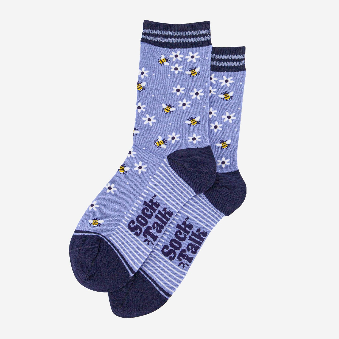 Women's Bamboo Socks - Sky Blue/Navy Blue, Bee and Flowers