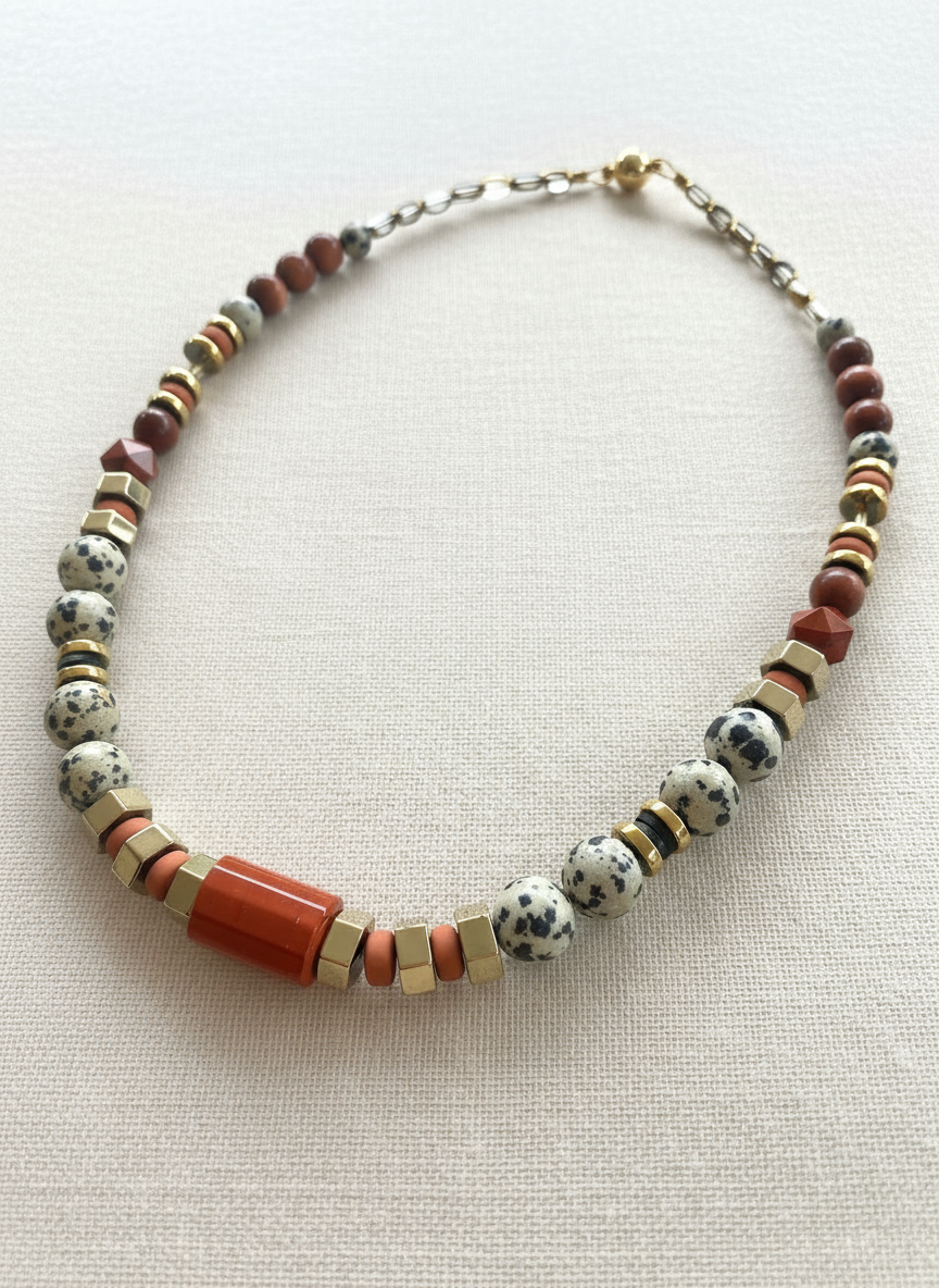 Gist - Dalmatian Jasper & Sandstone barrel necklace BDL02