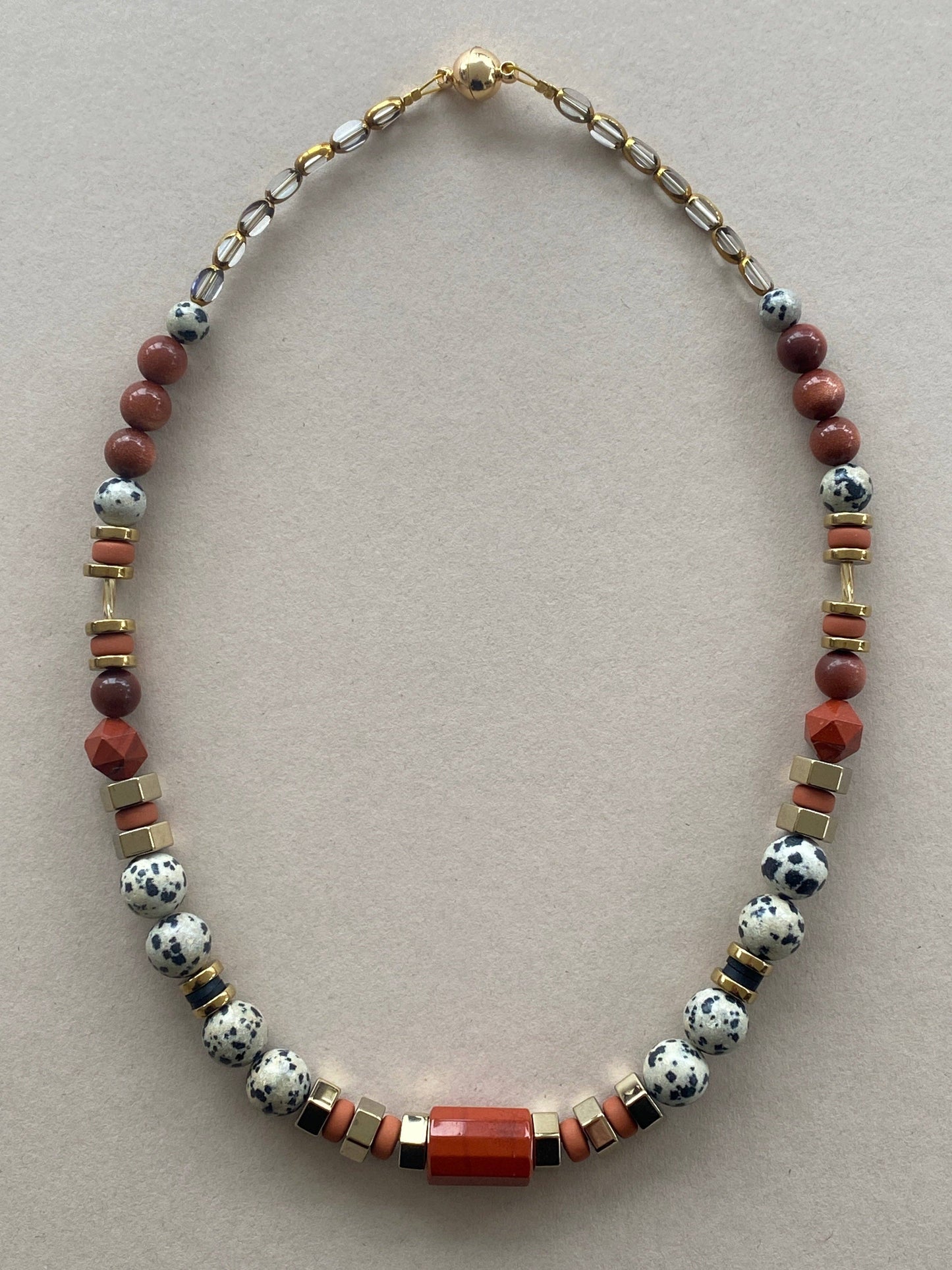 Gist - Dalmatian Jasper & Sandstone barrel necklace BDL02