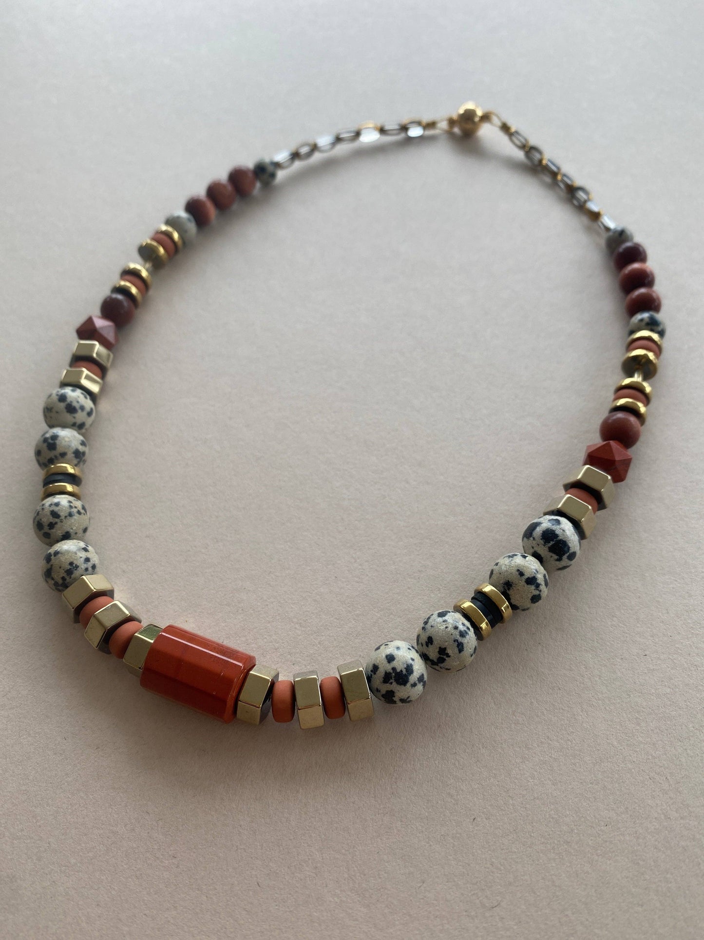 Gist - Dalmatian Jasper & Sandstone barrel necklace BDL02