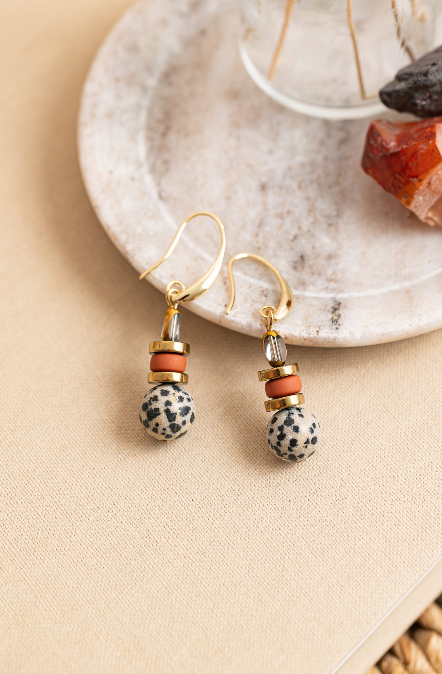 Gist - Dalmatian Jasper & Sandstone barrel Drop Earrings BDLE02