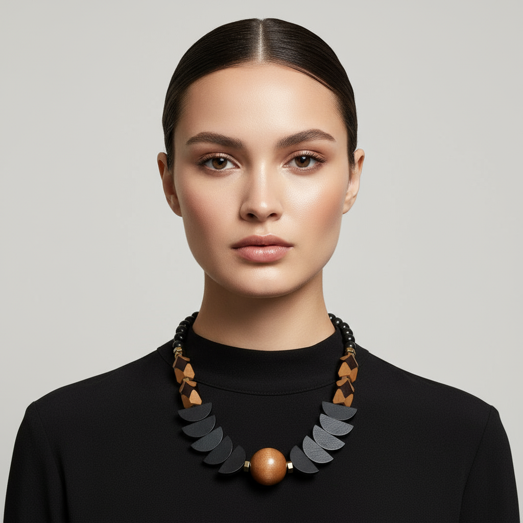 Gist - Statement necklace, Hematite, painted wood and acrylic MRL03