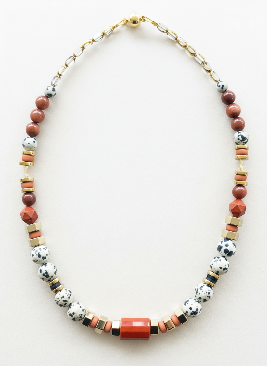 Gist - Dalmatian Jasper & Sandstone barrel necklace BDL02