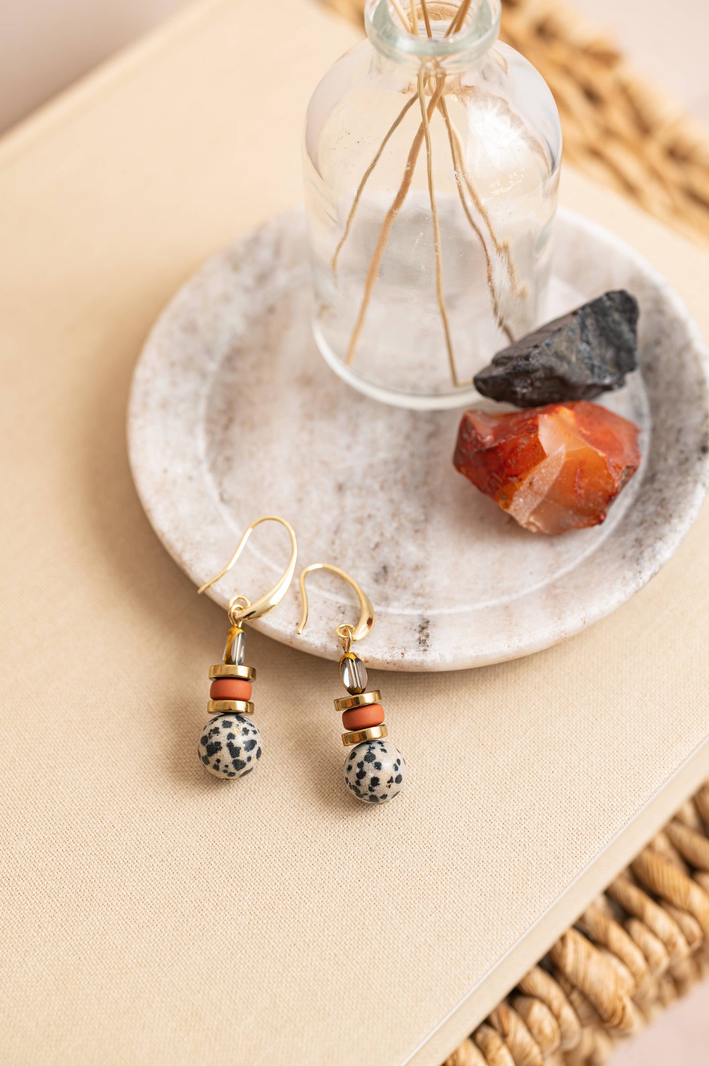 Gist - Dalmatian Jasper & Sandstone barrel Drop Earrings BDLE02