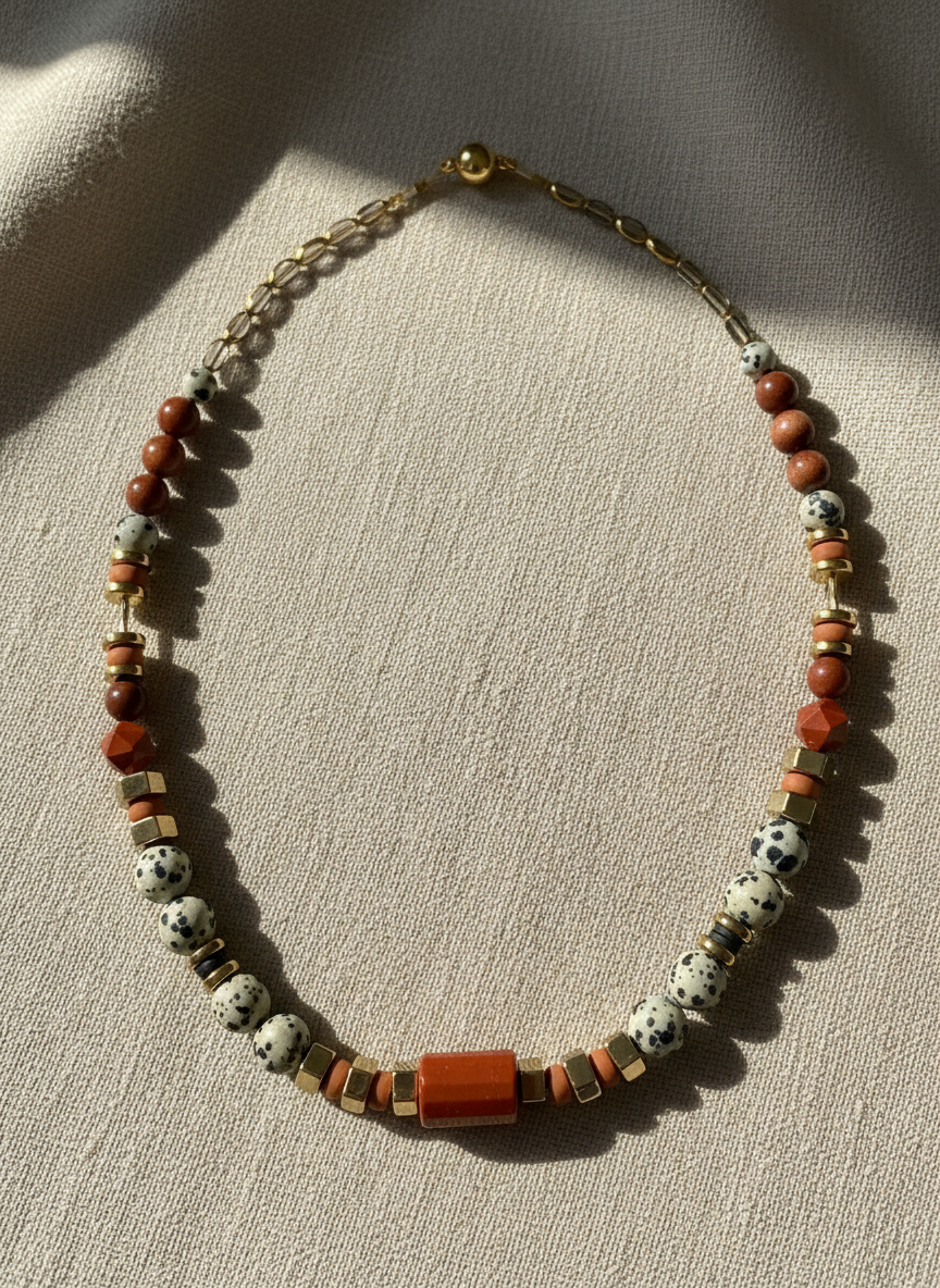 Gist - Dalmatian Jasper & Sandstone barrel necklace BDL02