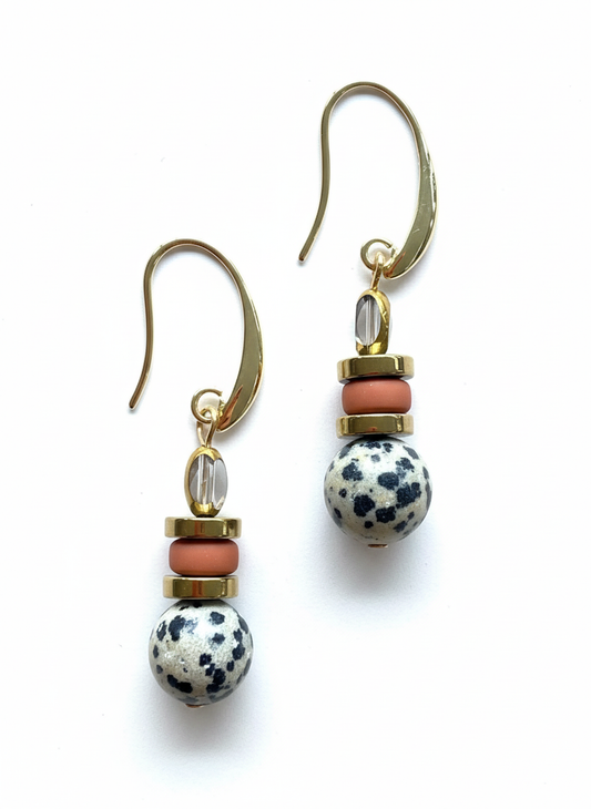 Gist - Dalmatian Jasper & Sandstone barrel Drop Earrings BDLE02