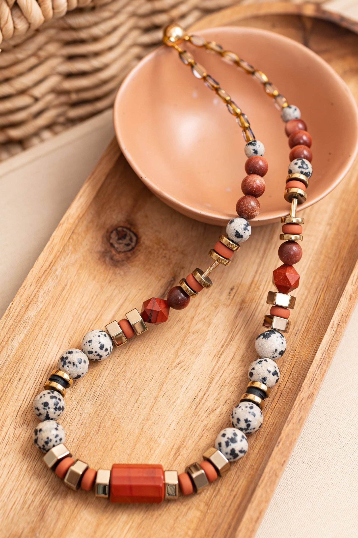 Gist - Dalmatian Jasper & Sandstone barrel necklace BDL02