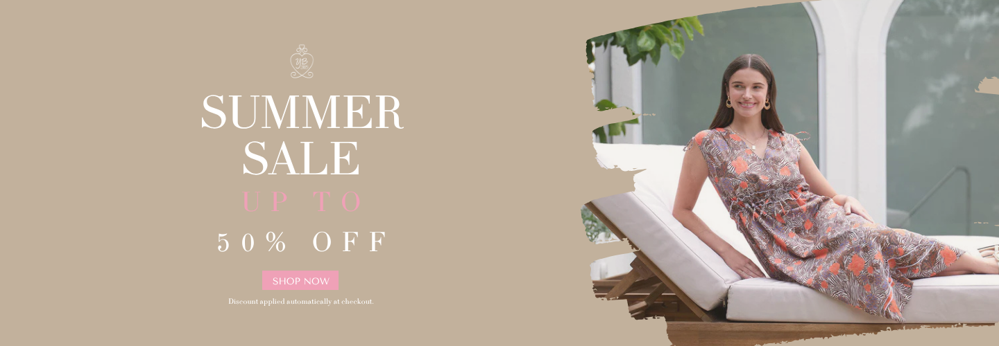Promotional banner for a summer sale featuring a woman reclining on a white lounge chair by a pool, wearing a sleeveless floral-patterned dress. The left side displays 'SUMMER SALE', 'ALL 50% OFF', and a pink 'SHOP NOW' button on a beige background.