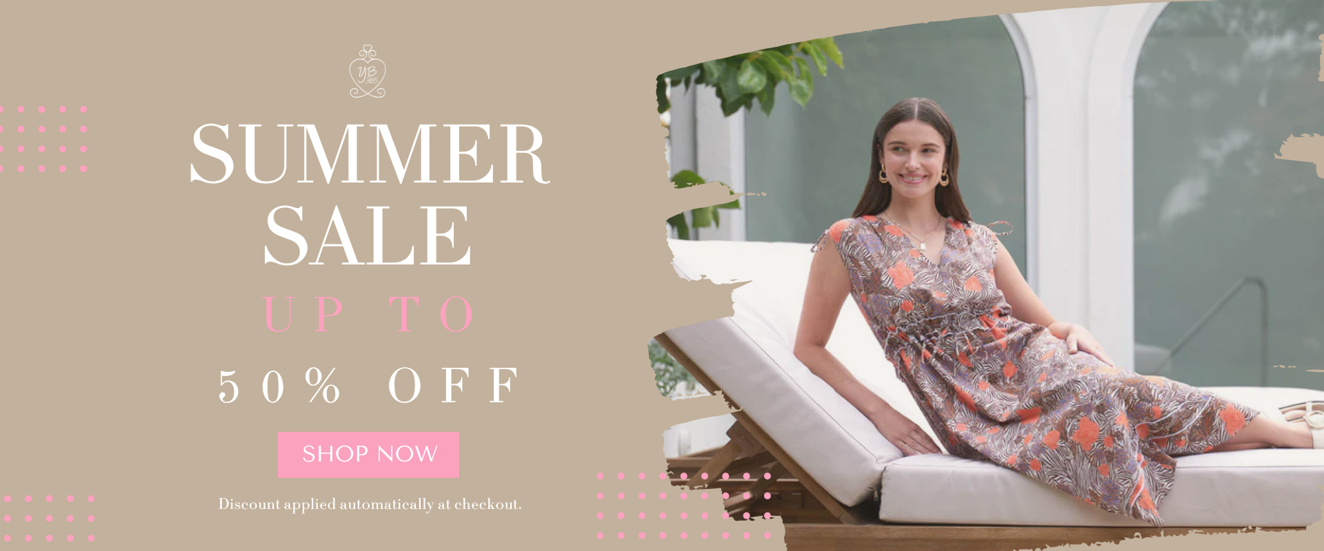 Summer sale promotion banner advertising up to 50% off women’s fashion, clothing and accessories.