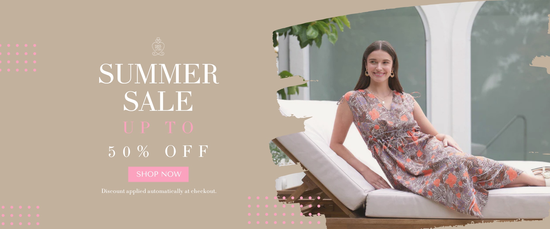 Summer sale promotion banner advertising up to 50% off women’s fashion, clothing and accessories.