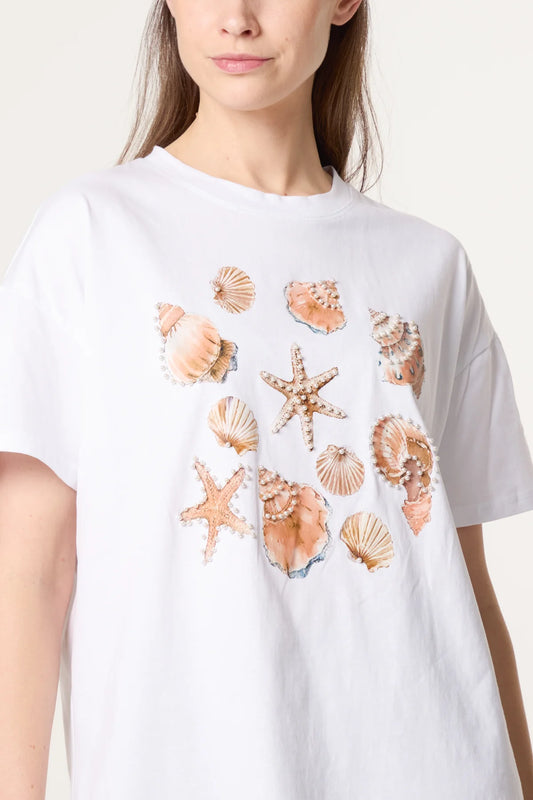 Pearl Embellished Seashell T-shirt