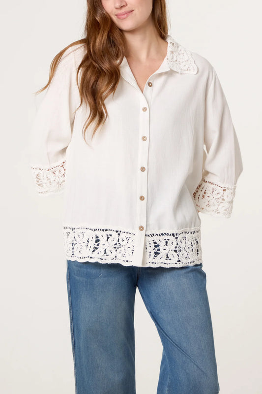 Deena White Crochet Hem Shirt