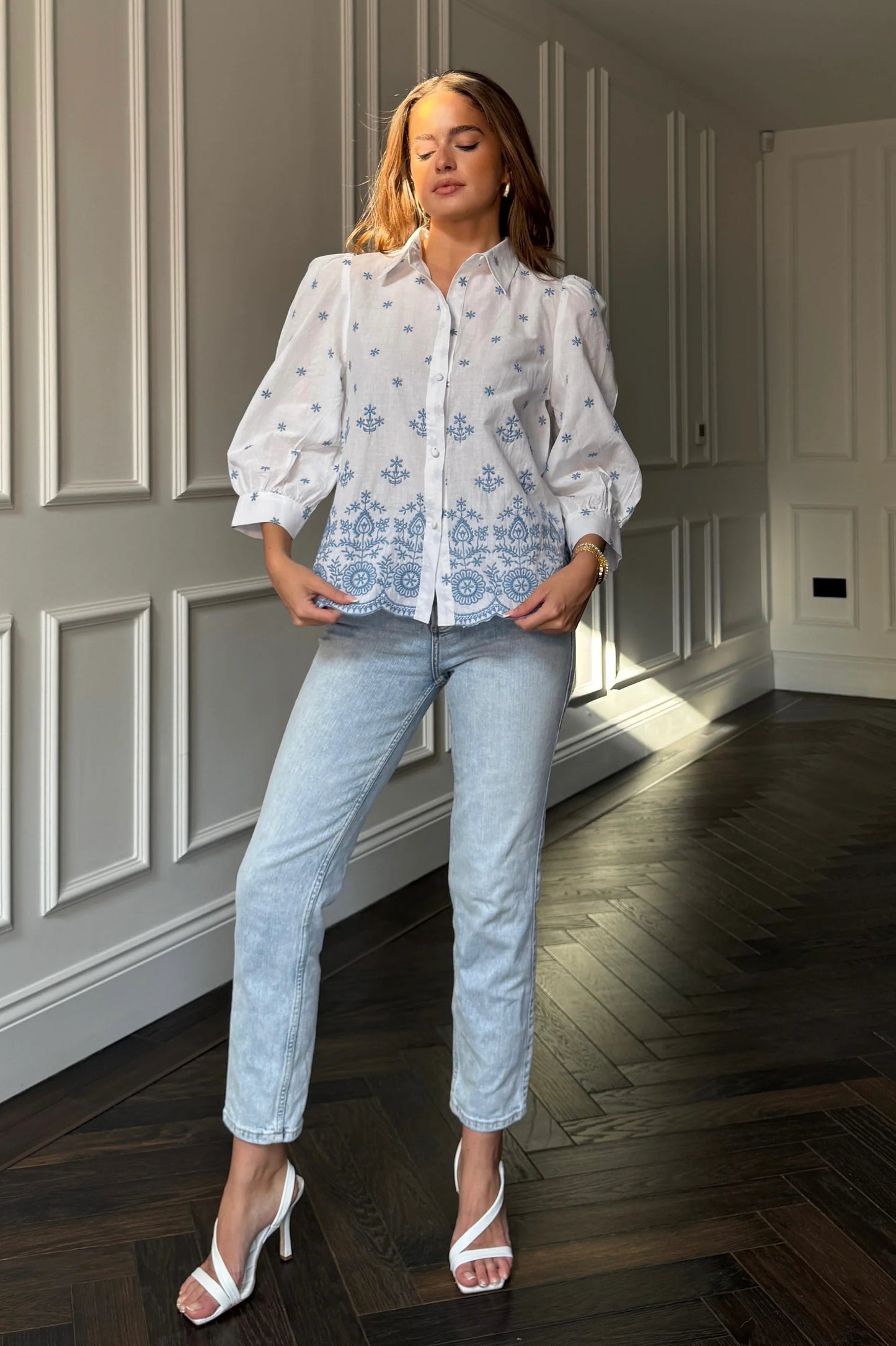 Boo Embroidery Puff Sleeve Cotton Blouse