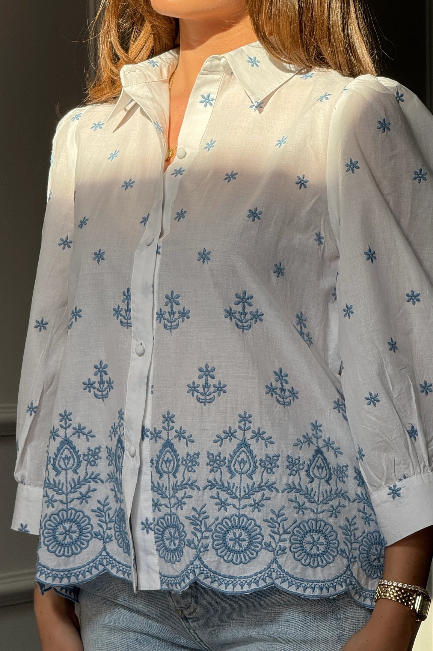 Boo Embroidery Puff Sleeve Cotton Blouse