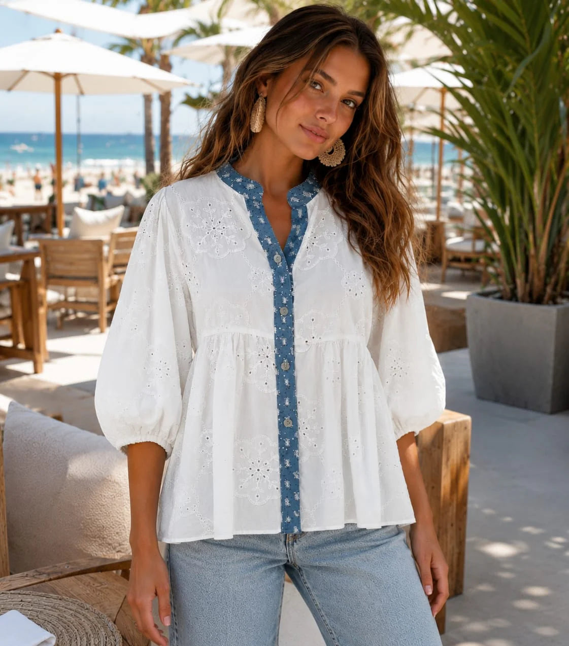 Roma Denim Sequin Trim Blouse