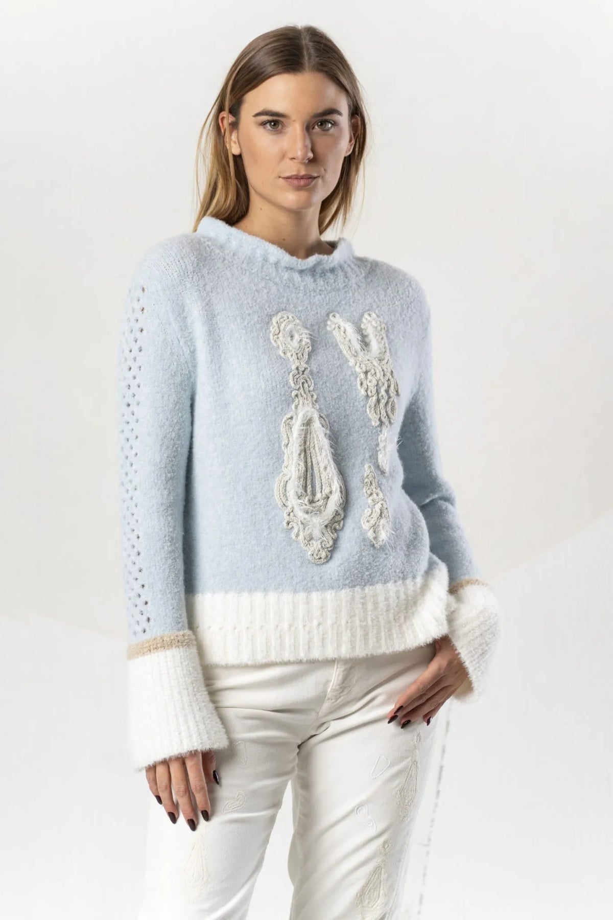 Elisa Cavaletti Designer Powder Blue Faux Fur Sweater
