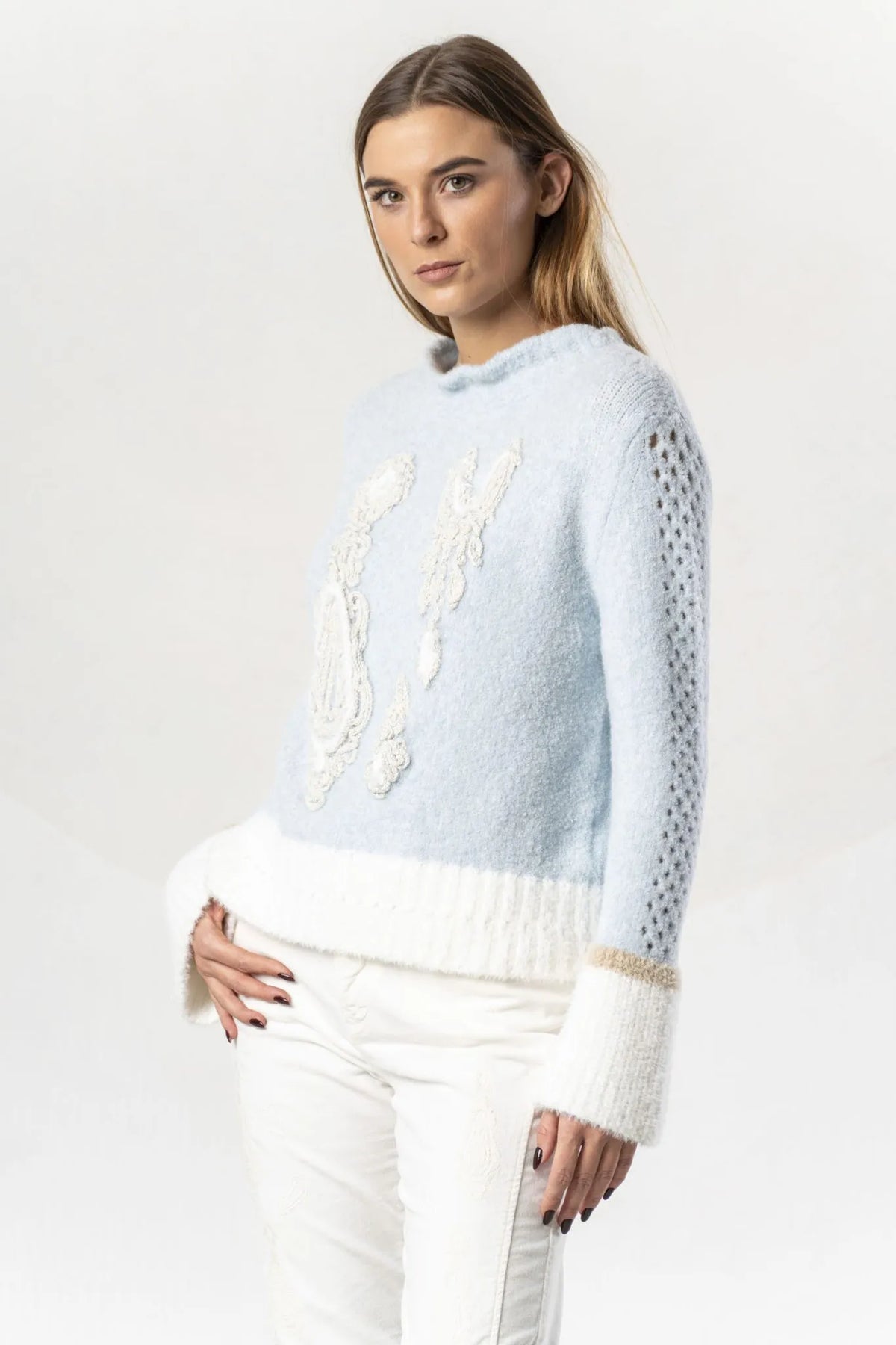 Elisa Cavaletti Designer Powder Blue Faux Fur Sweater