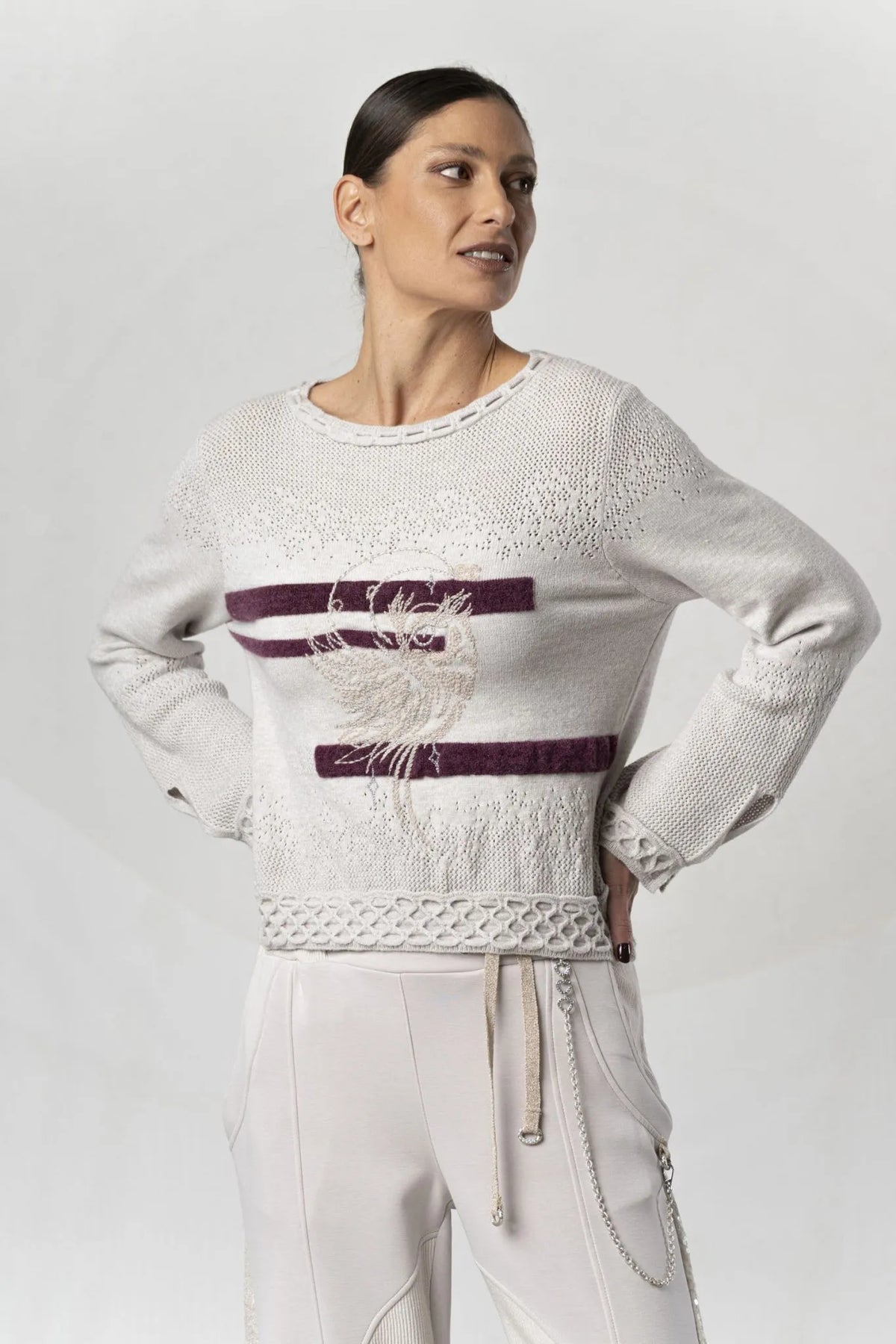 Elisa Cavaletti Designer Openwork Sweater with Embroidery