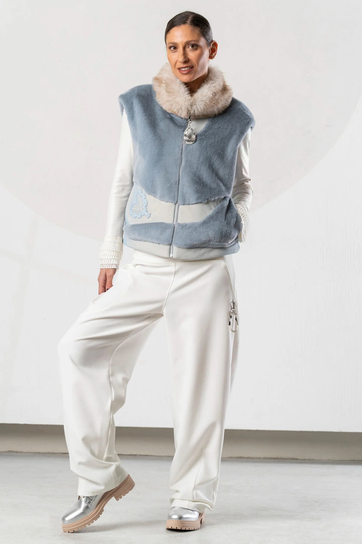 Elisa Cavaletti Designer Powder Blue Faux Fur Gilet