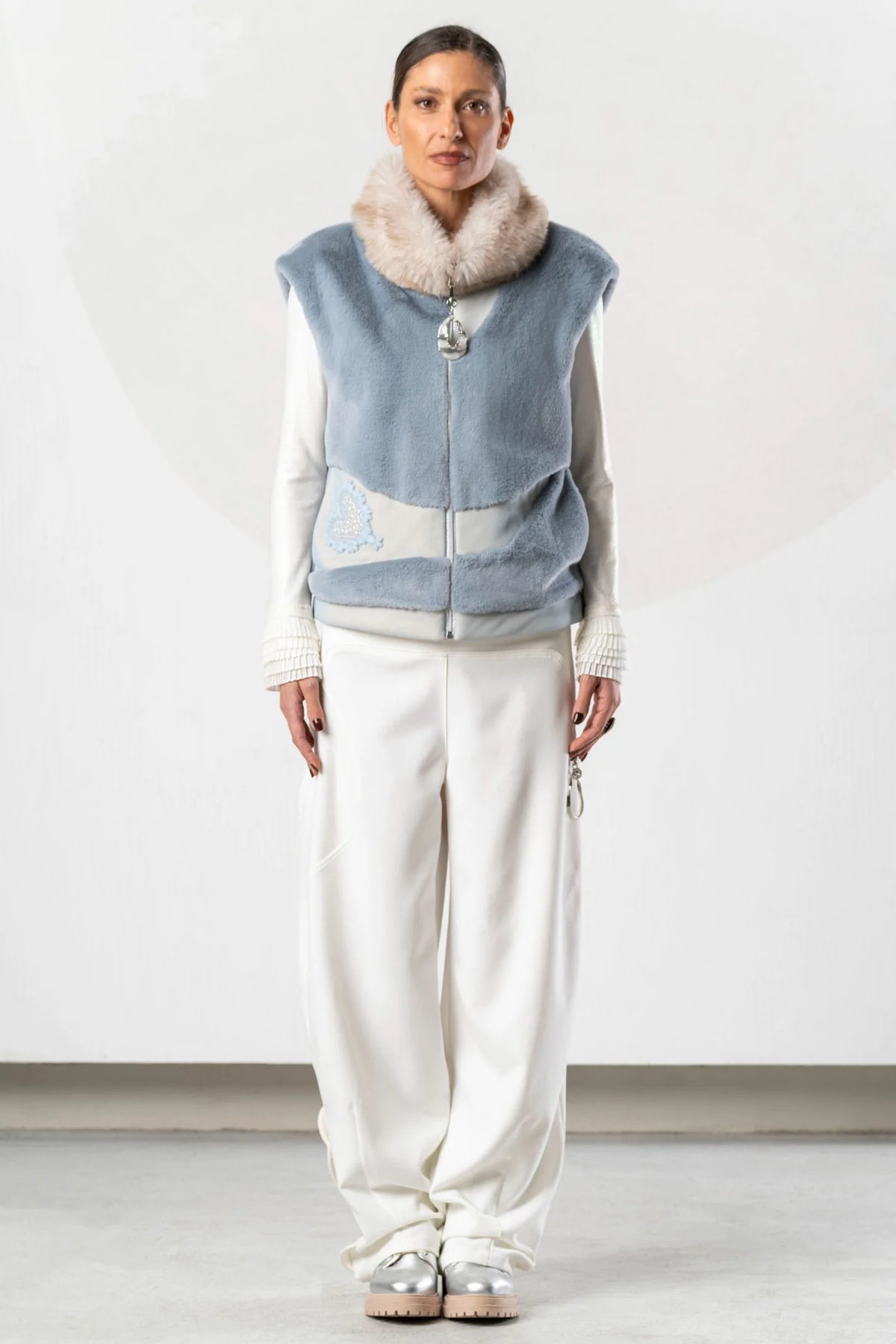 Elisa Cavaletti Designer Powder Blue Faux Fur Gilet