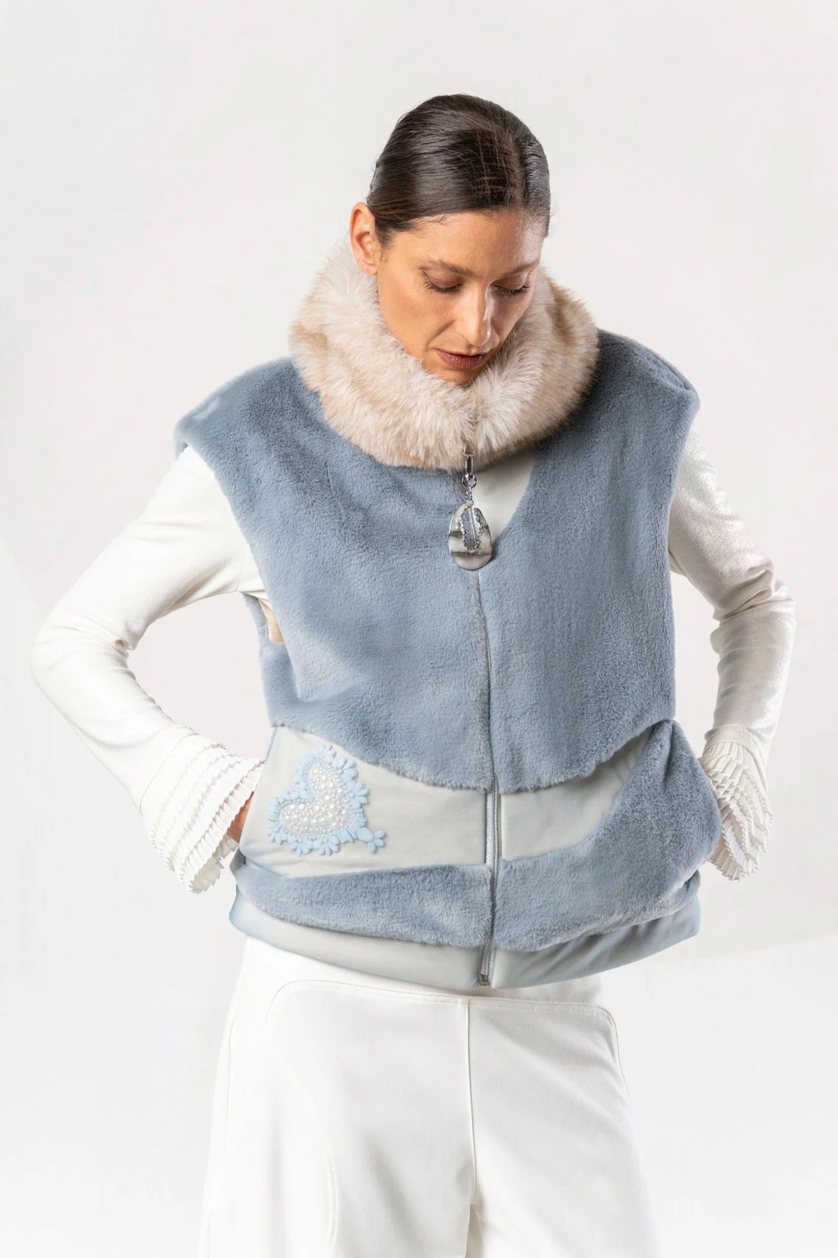 Elisa Cavaletti Designer Powder Blue Faux Fur Gilet