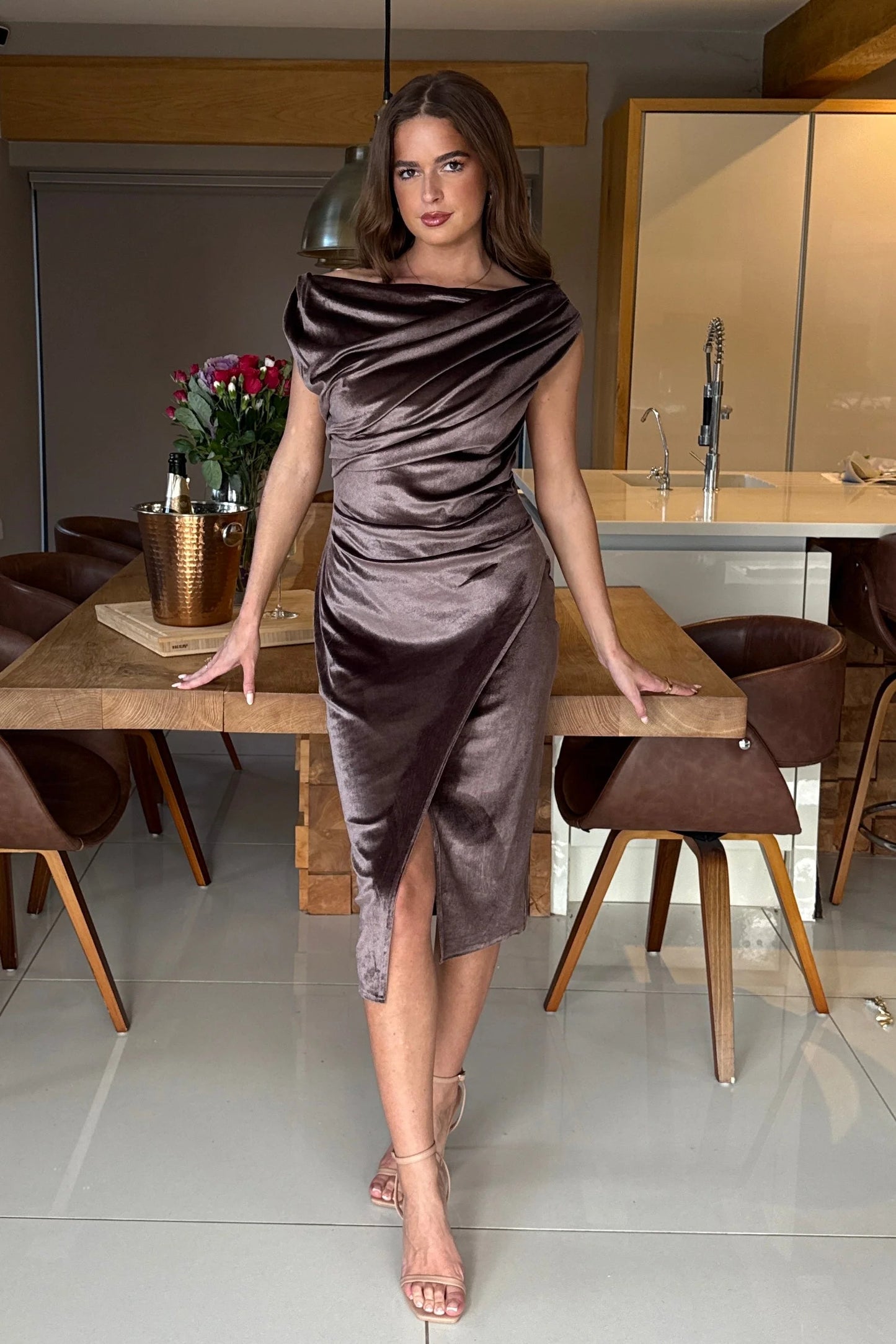 Holly Asymmetric Velvet Midi Dress