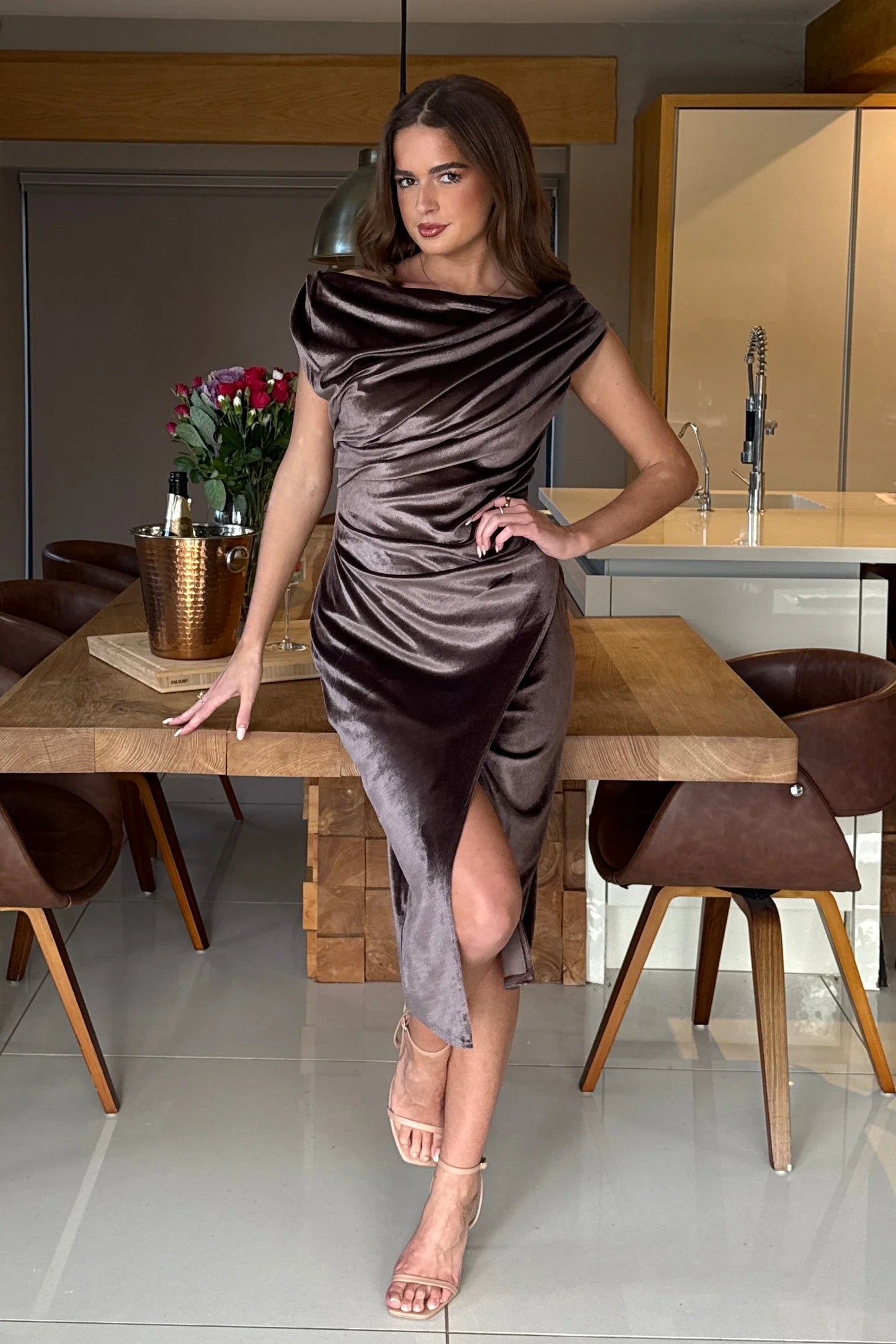 Holly Asymmetric Velvet Midi Dress