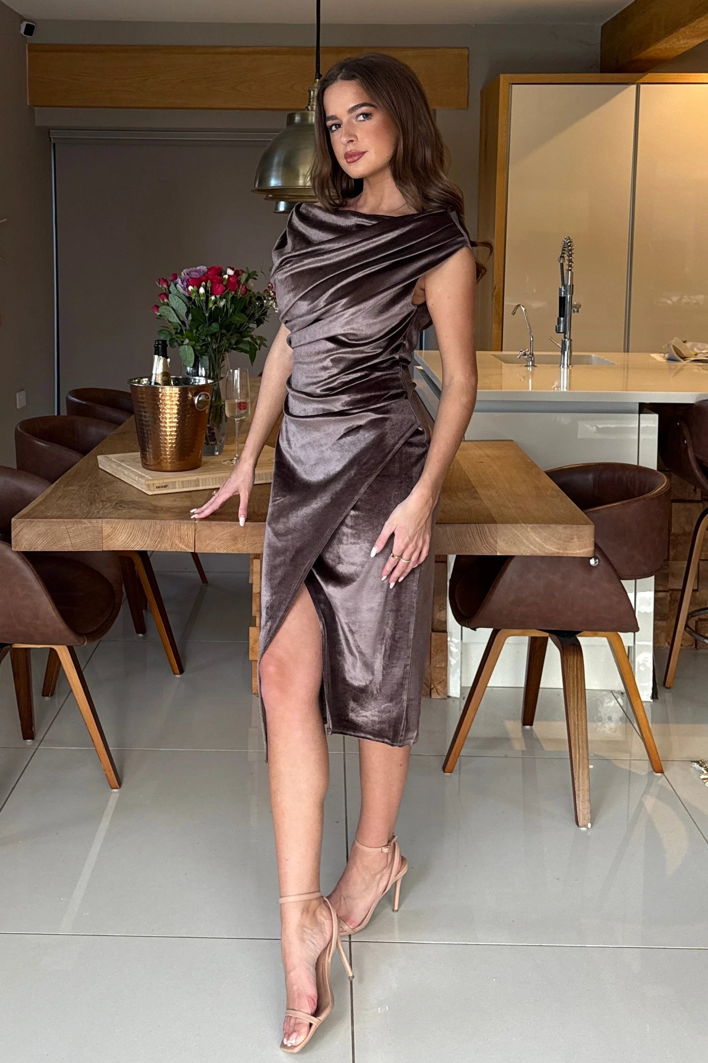 Holly Asymmetric Velvet Midi Dress