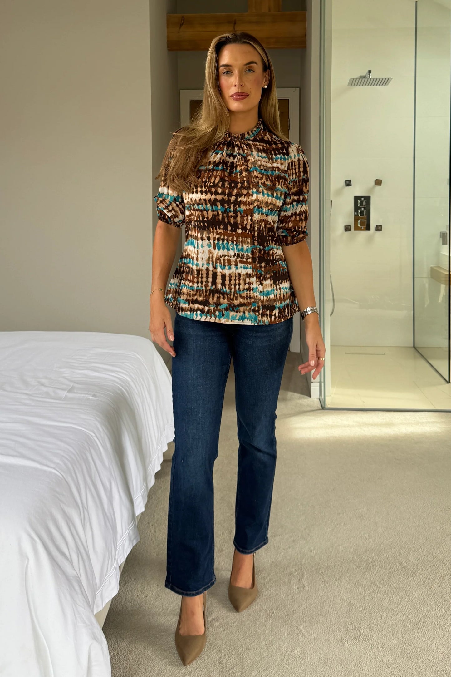 Aura Brown Turquoise Pleated Relax Fitted Top