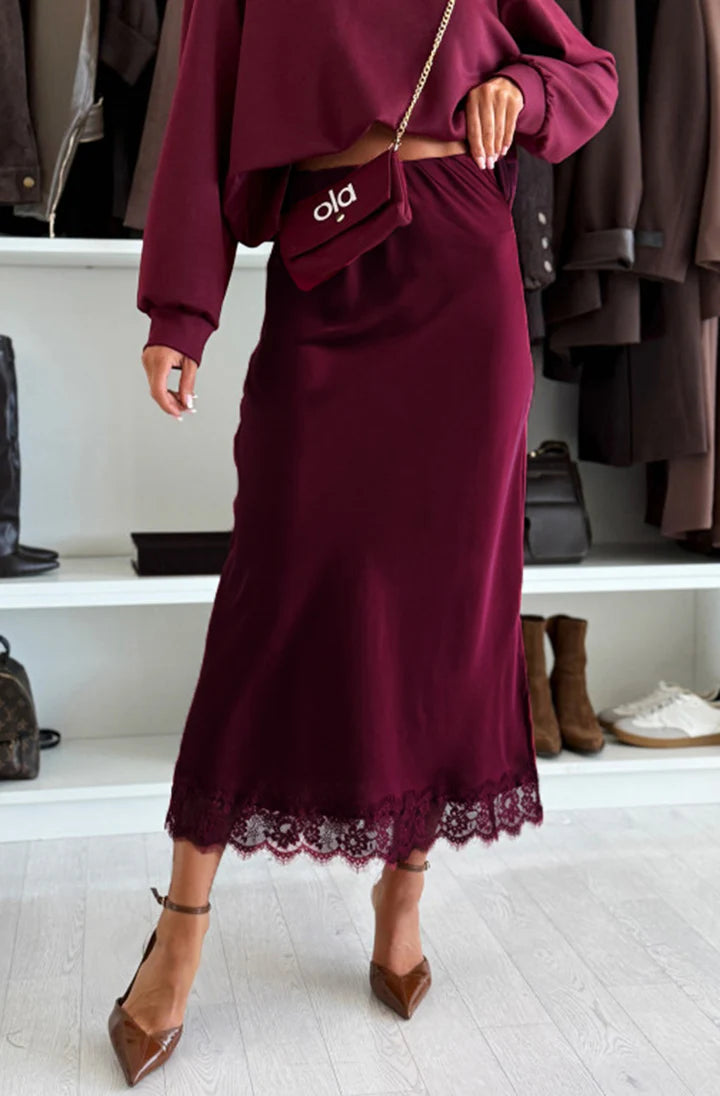 Amy Satin Lace Trim MIDI Skirt