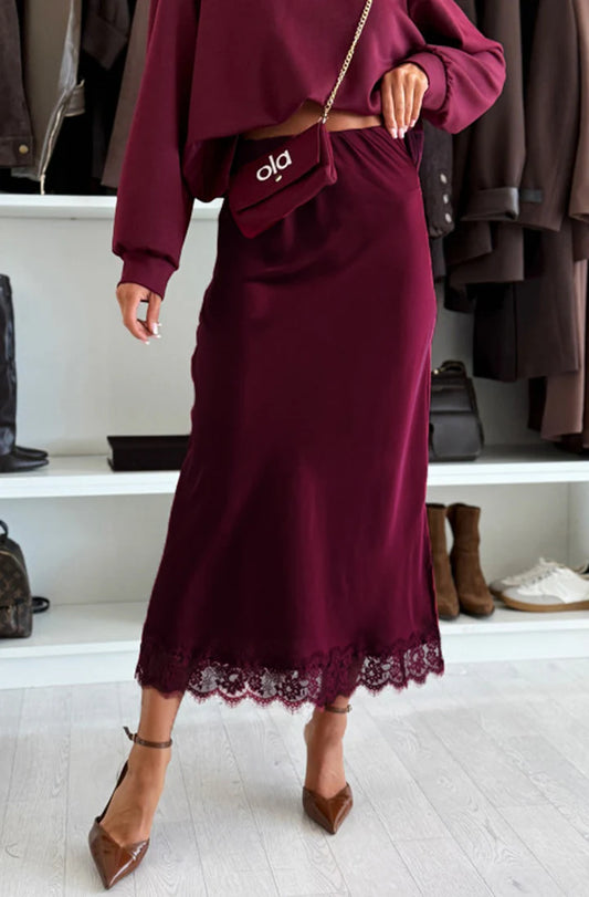 Amy Satin Lace Trim MIDI Skirt
