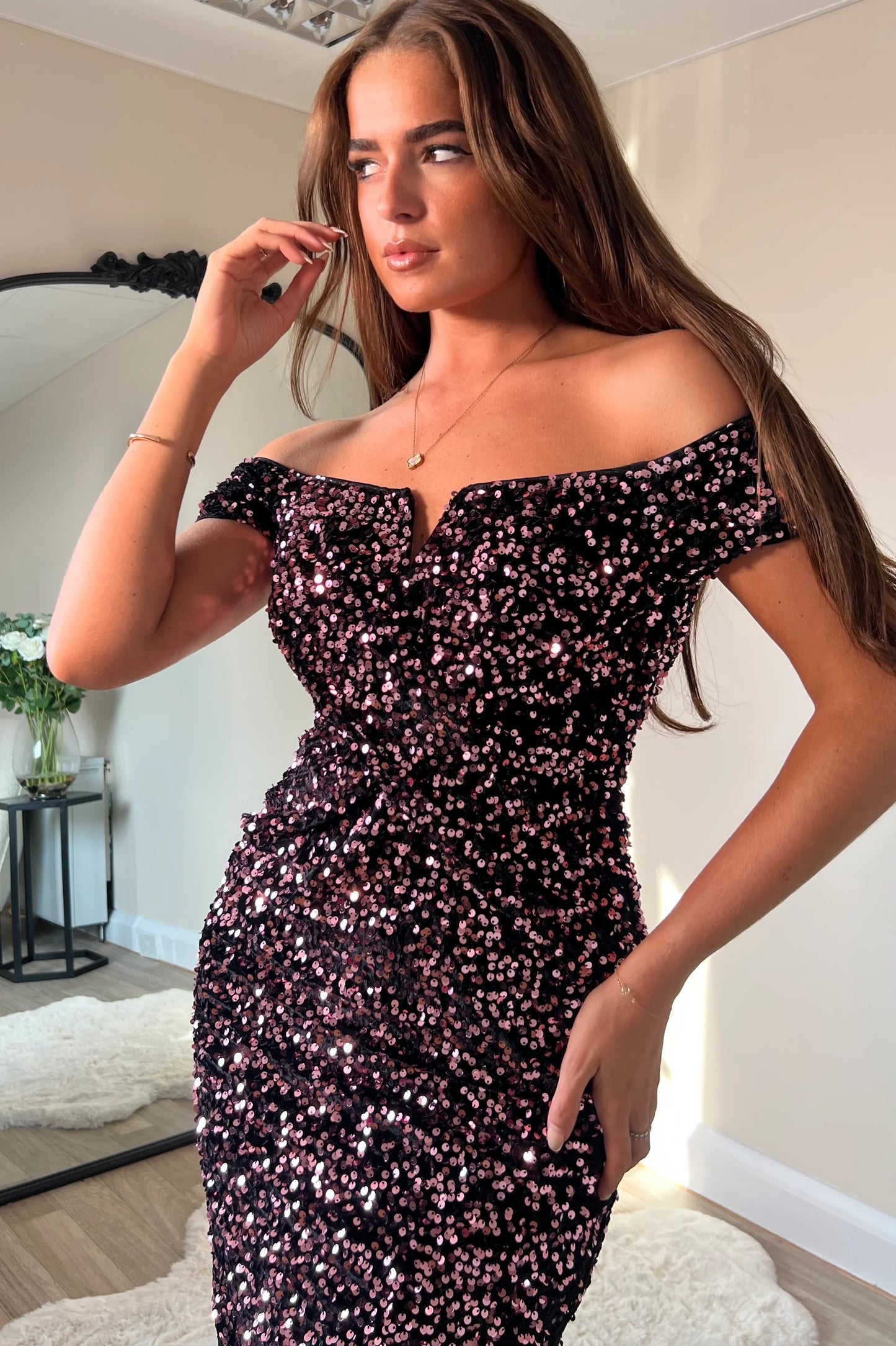 Sophia Rose Gold Sequin Midi Dress