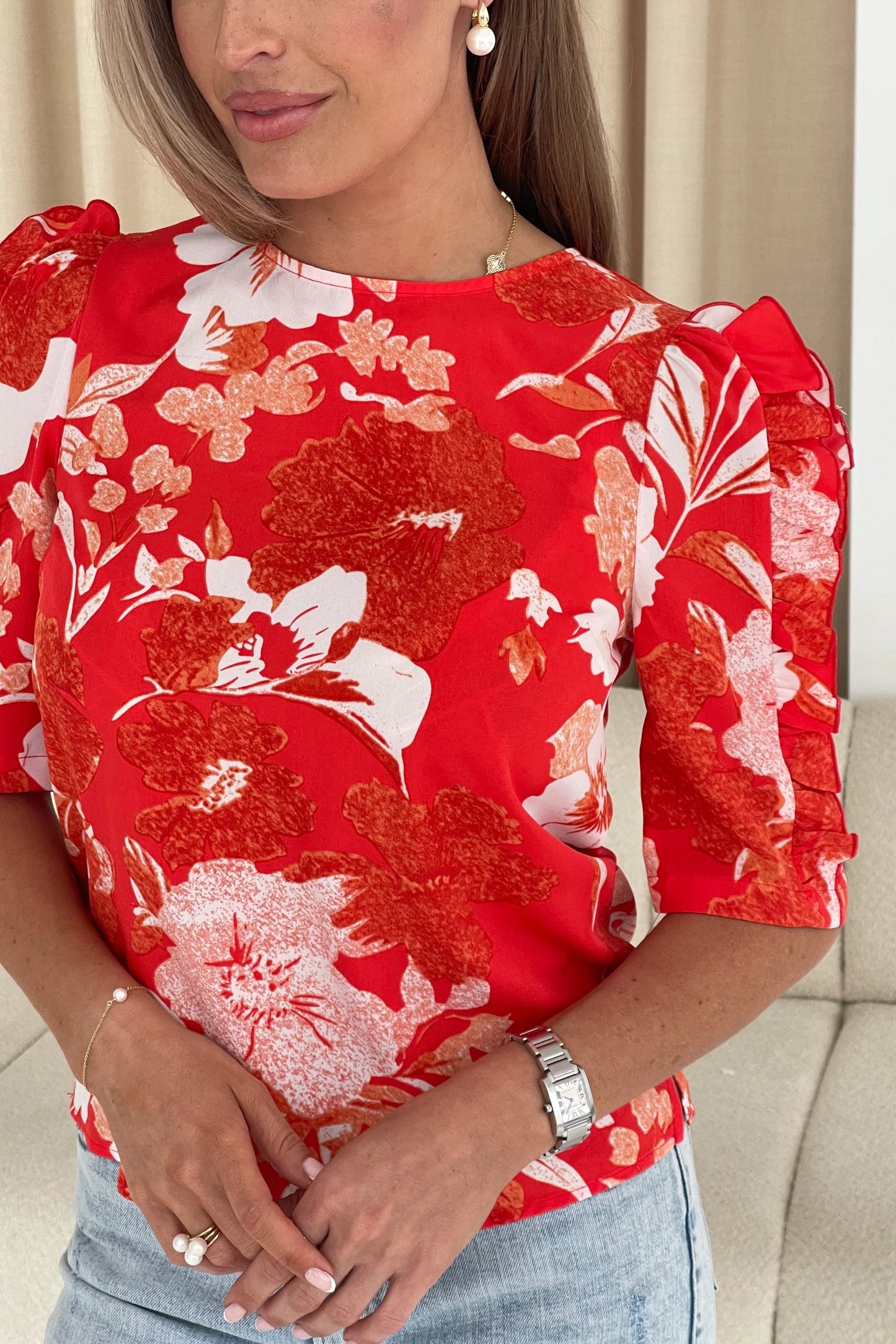 Iris Floral Print Frill Sleeve Top