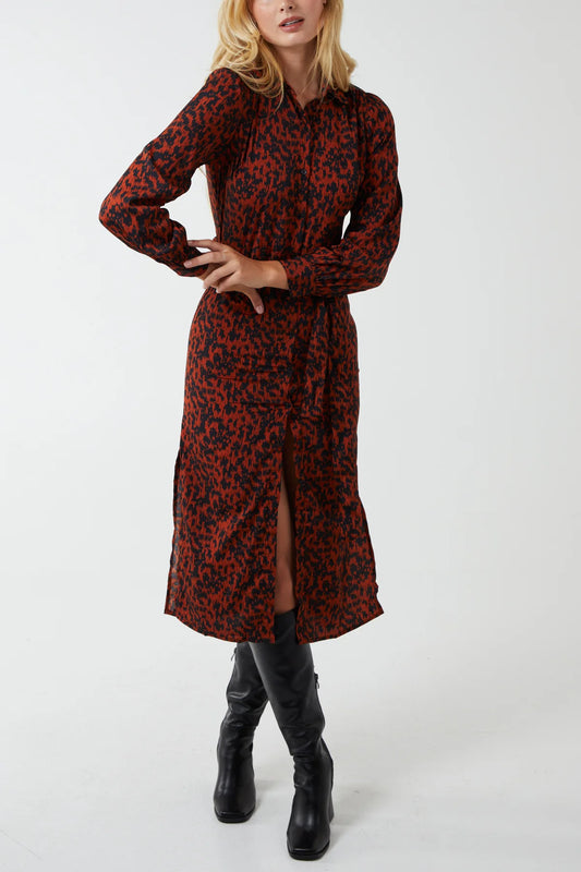 Ameera Abstract Animal Print Midi Shirt Dress