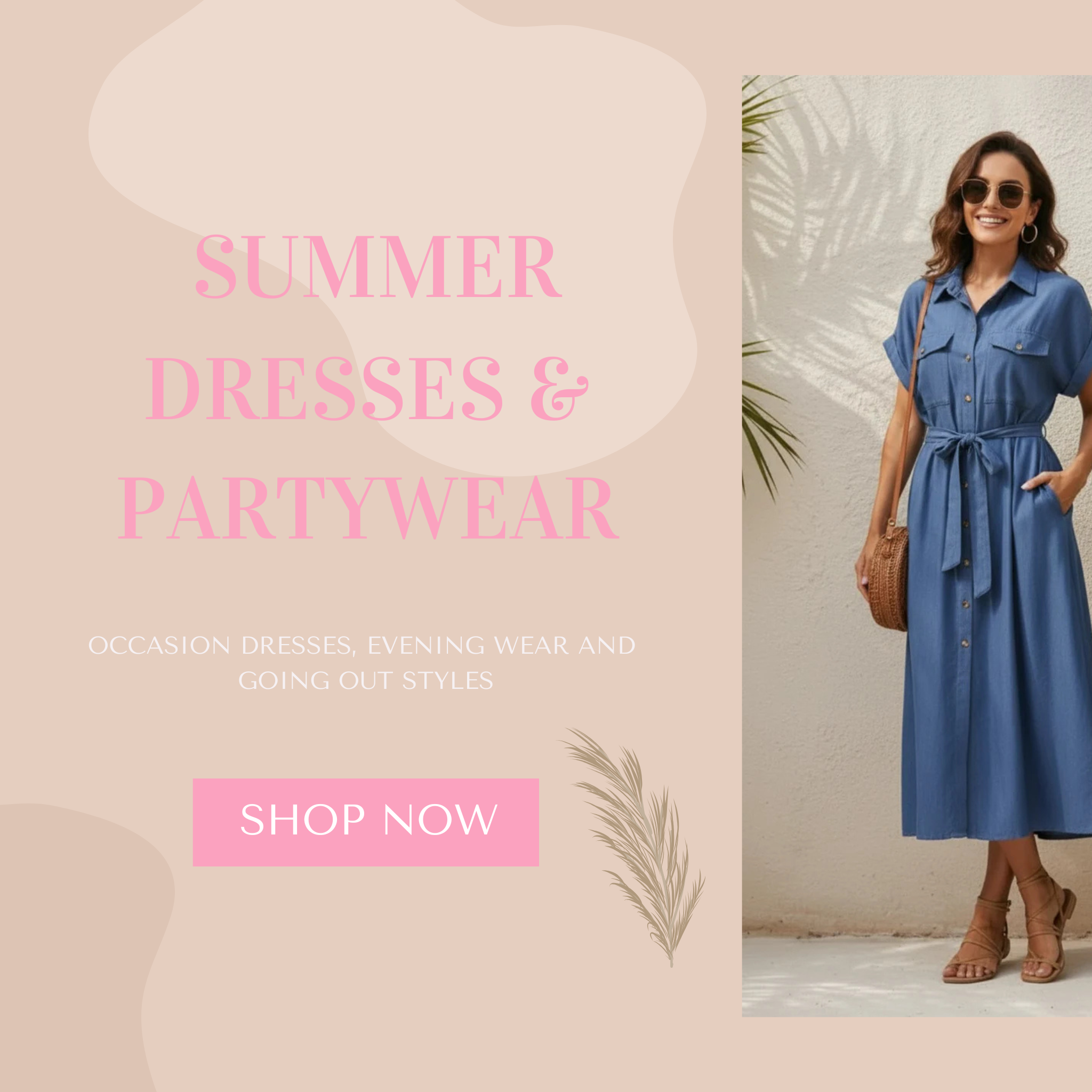 Woman in a blue dress standing against a beige wall with text about summer dresses and partywear.