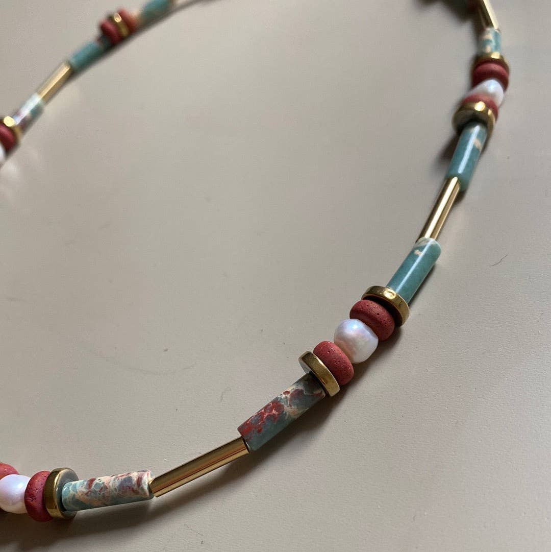 Gist - 18" 24k Gold plated brass details, Synthetic Shoushan Stone, Fresh water Pearls, Clay and Gold Plated Hematite MRL08