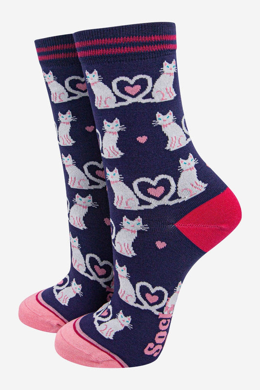 Women's Bamboo Socks - Navy Blue/White, Cats