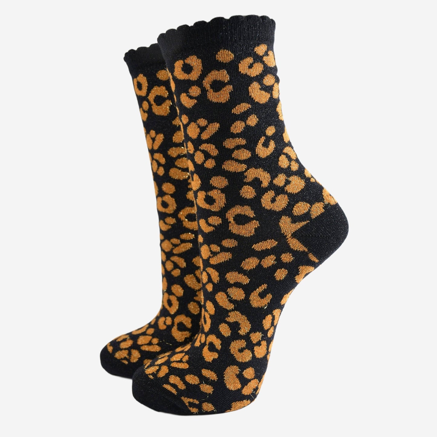 Women's Glitter Socks -Black/Orange, Leopard