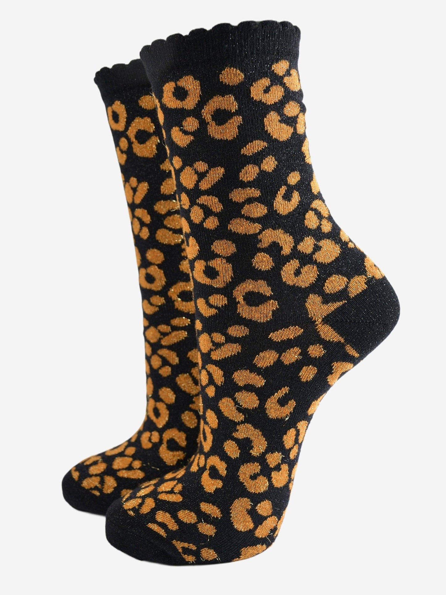 Women's Glitter Socks -Black/Orange, Leopard