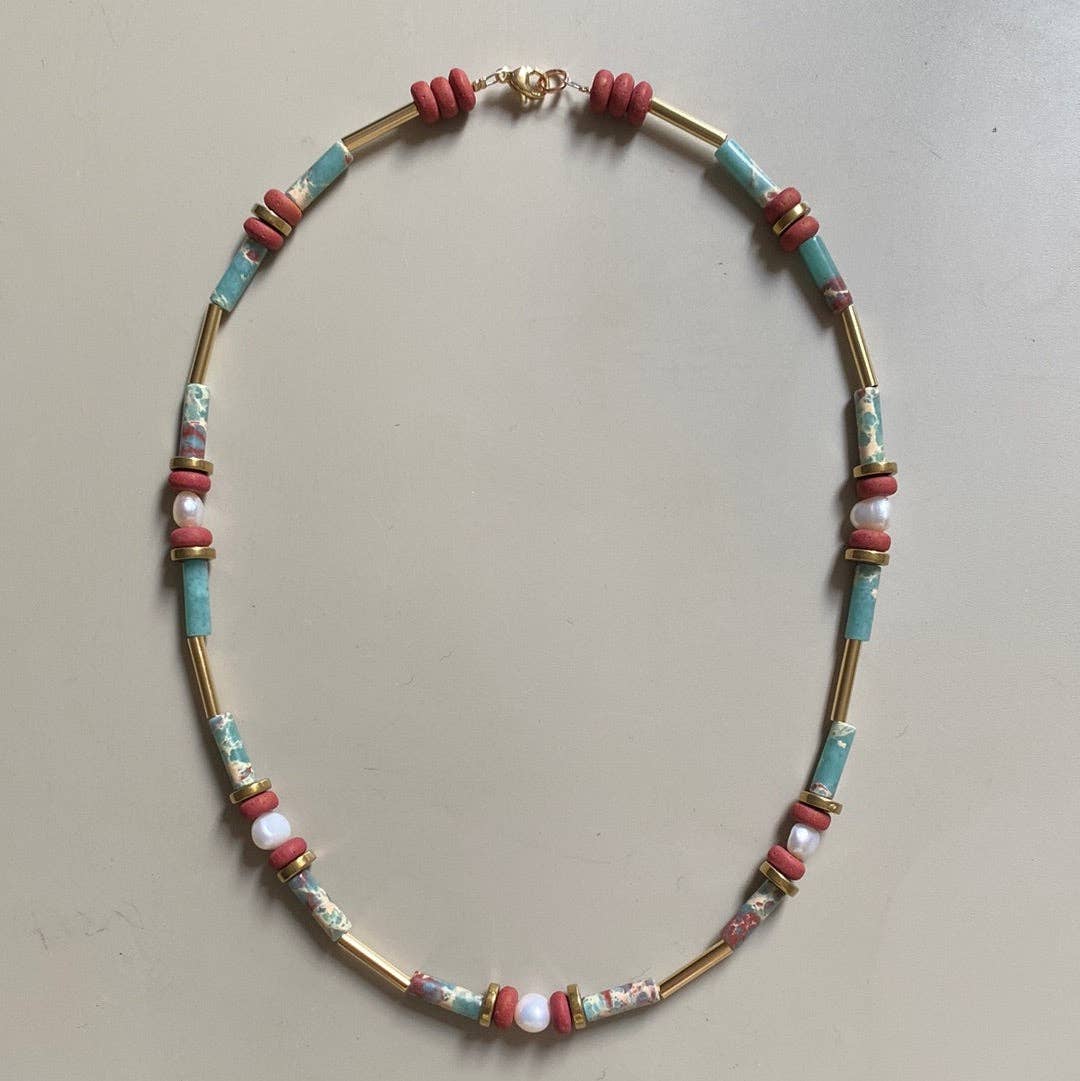 Gist - 18" 24k Gold plated brass details, Synthetic Shoushan Stone, Fresh water Pearls, Clay and Gold Plated Hematite MRL08