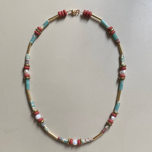 Gist - 18" 24k Gold plated brass details, Synthetic Shoushan Stone, Fresh water Pearls, Clay and Gold Plated Hematite MRL08