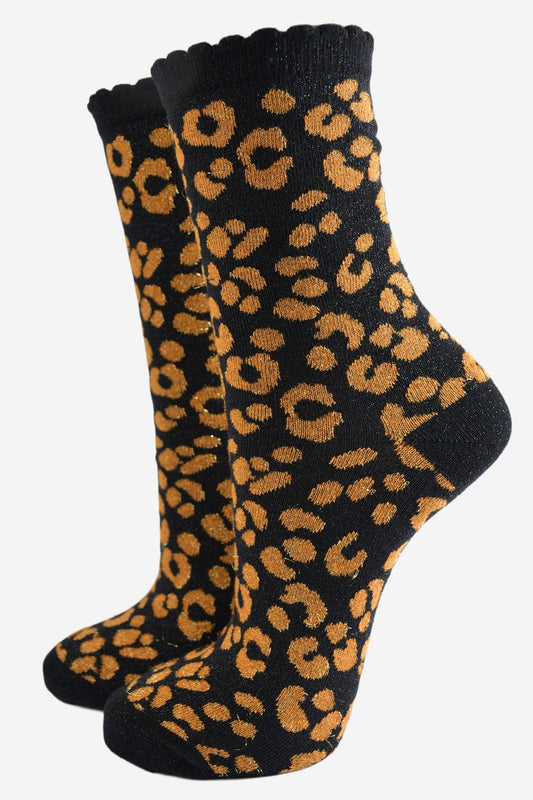 Women's Glitter Socks -Black/Orange, Leopard