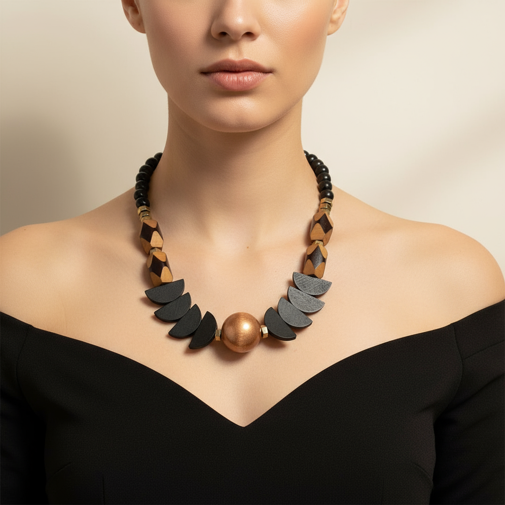 Gist - Statement necklace, Hematite, painted wood and acrylic MRL03