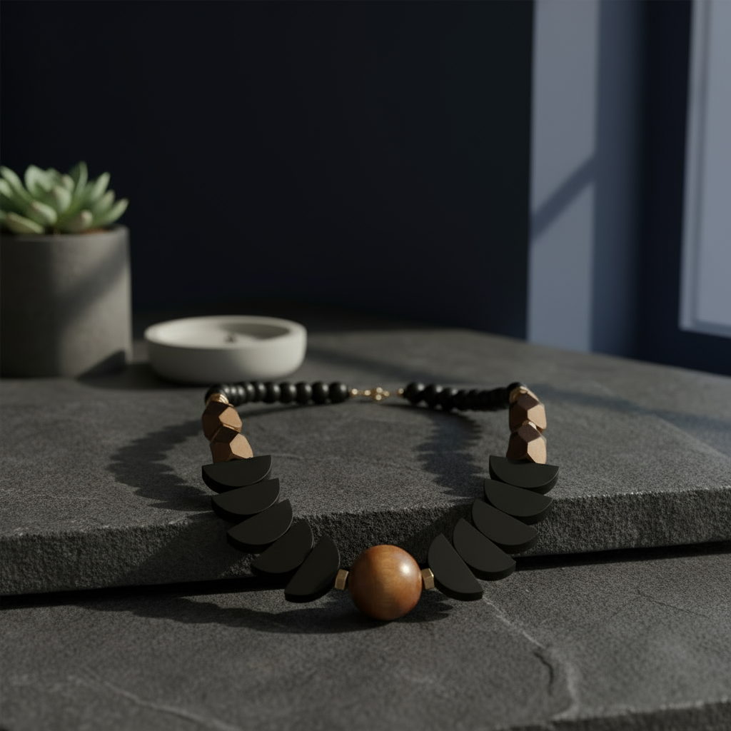 Gist - Statement necklace, Hematite, painted wood and acrylic MRL03